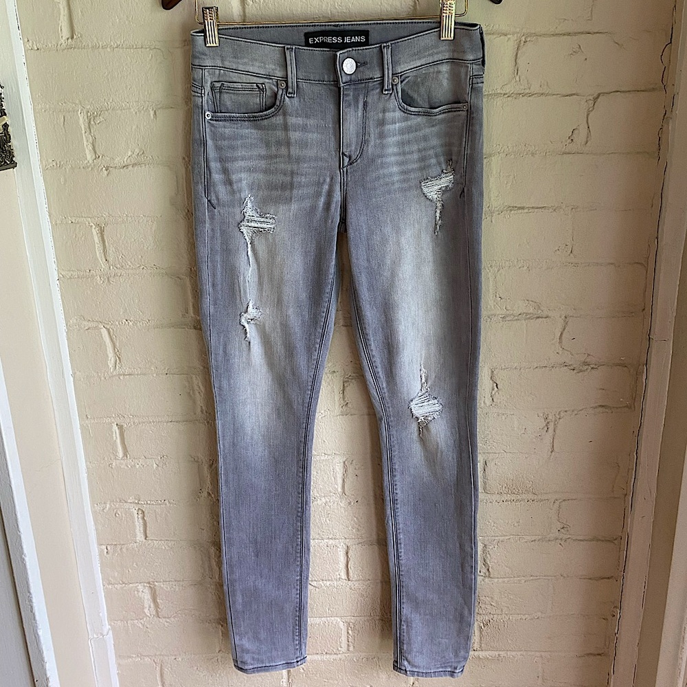 Express size 2R gray distressed style mia mid rise denim jean legging skinny
